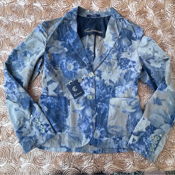 Jackets & Blazers - Calvaresi Italy made designer lightweight blazer top blue floral tapered fitted